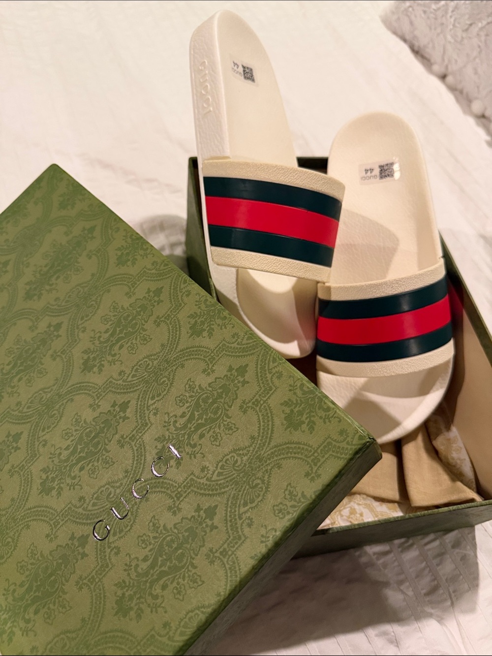 Gucci Ivory Slides with Red and Green signature Stripe